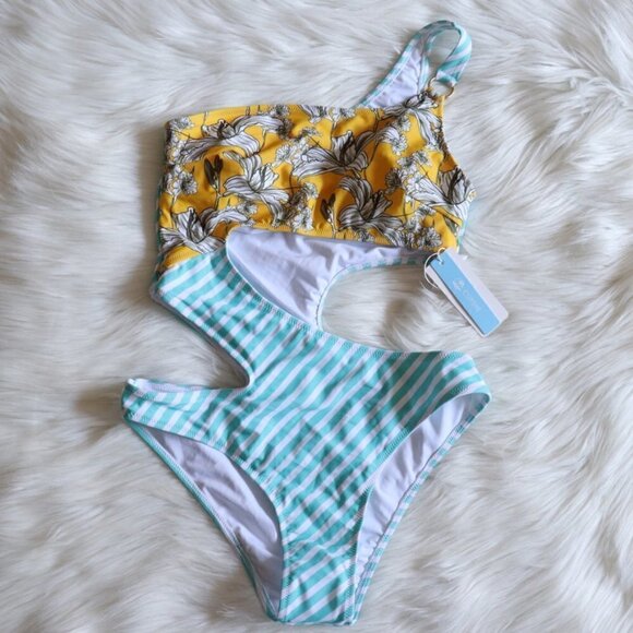 NEW Floral Striped Print One Shoulder One Piece Bathing Suit Swimsuit Size Small - Picture 3 of 9
